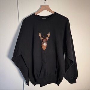 VINTAGE Embroidered Deer Hanes Black Tee with Blue and Red Logo Tag XL